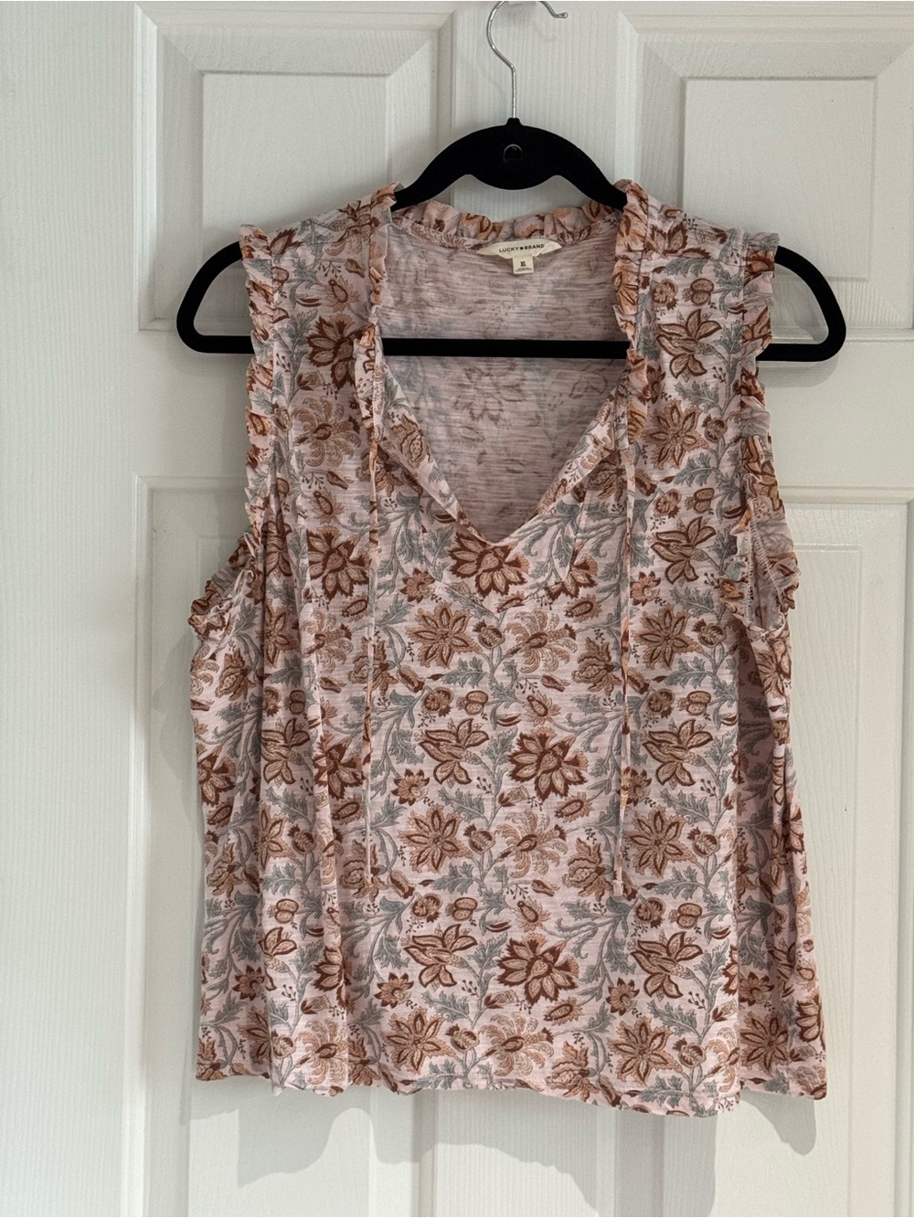 Lucky Brand Pink Floral Ruffle V-Neck Tank